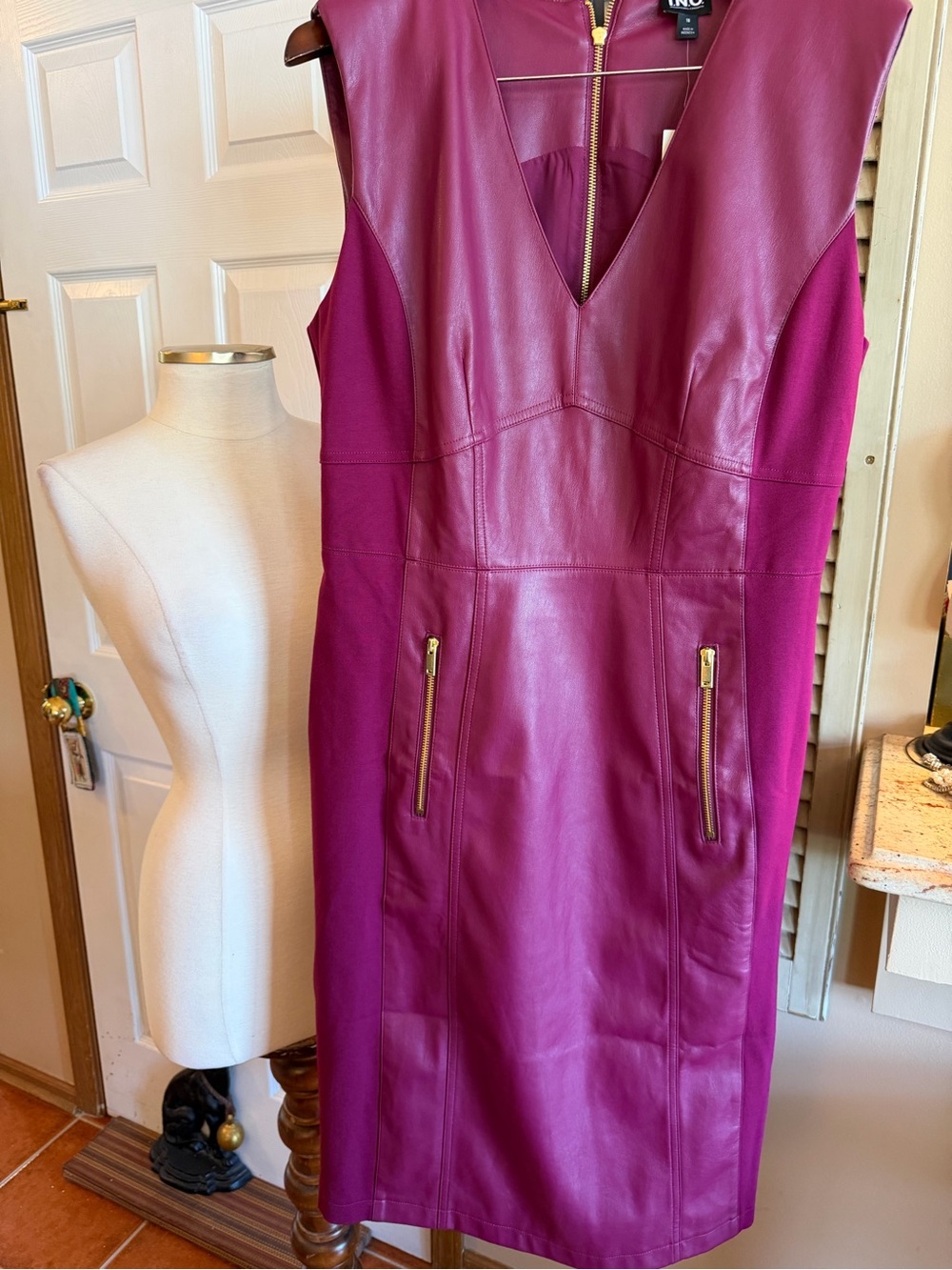 INC International Concepts Plum Faux Leather Midi Sheath Dress BEAUTIFUL